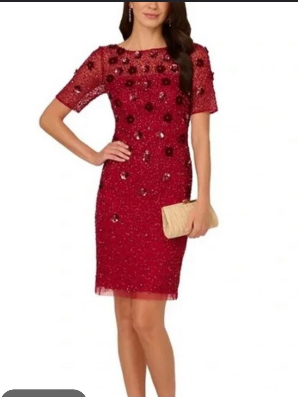 Adrianna Papell Red Short-Sleeve Embellished Midi Sheath Dress